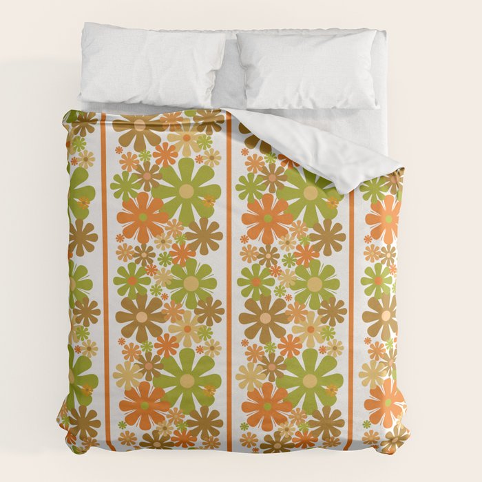 Retro Floral Stripe 60s 70s Aesthetic Pattern in Avocado Orange Brown Duvet Cover Gallery Image 2