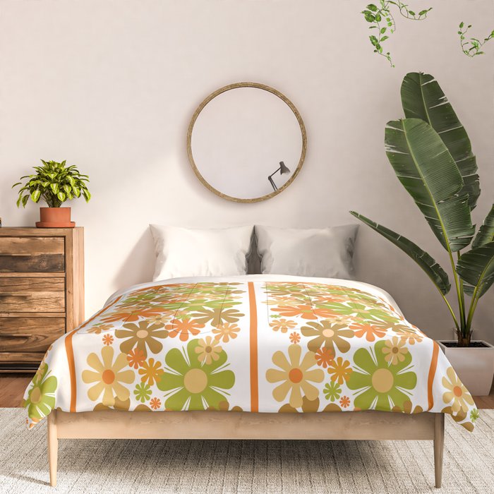 Retro Floral Stripe 60s 70s Aesthetic Pattern in Avocado Orange Brown Comforter Gallery Image 3