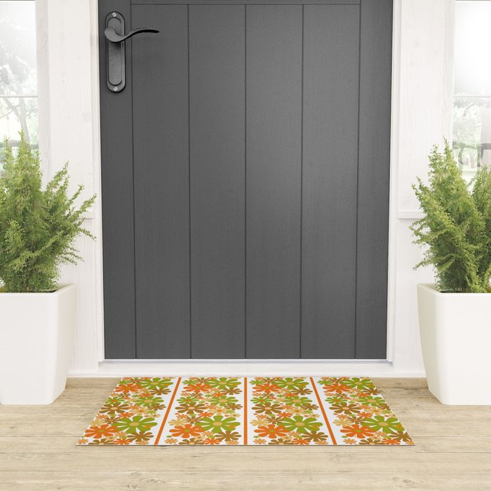 Retro Floral Stripe 60s 70s Aesthetic Pattern in Avocado Orange Brown Welcome Mat Gallery Image 3