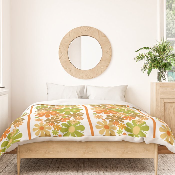 Retro Floral Stripe 60s 70s Aesthetic Pattern in Avocado Orange Brown Duvet Cover Gallery Image 3