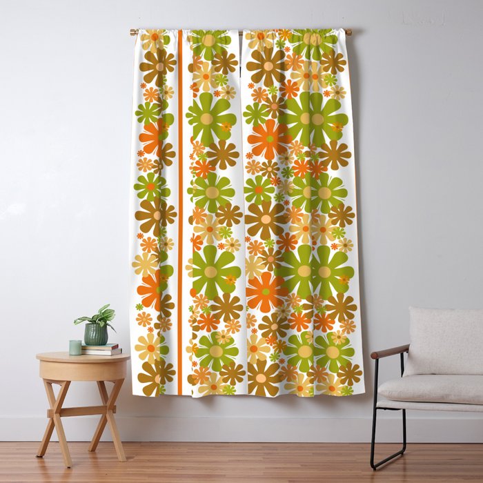 Retro Floral Stripe 60s 70s Aesthetic Pattern in Avocado Orange Brown Window Curtain Gallery Image 5