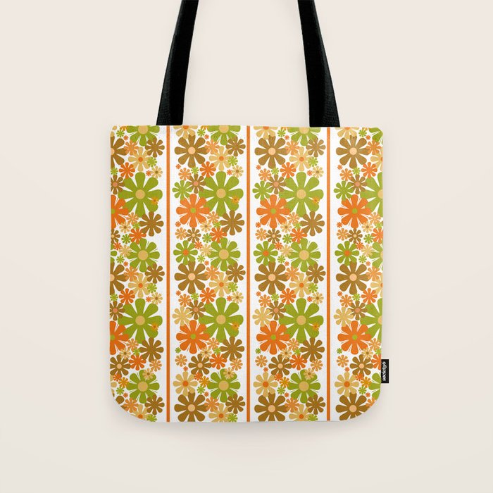 Retro Floral Stripe 60s 70s Aesthetic Pattern in Avocado Orange Brown Tote Bag Gallery Image 1
