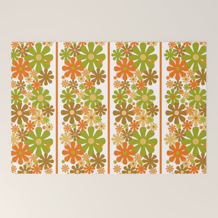 Retro Floral Stripe 60s 70s Aesthetic Pattern in Avocado Orange Brown Welcome Mat Gallery Image 2