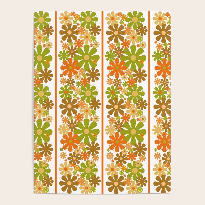 Retro Floral Stripe 60s 70s Aesthetic Pattern in Avocado Orange Brown Poster Gallery Image 4
