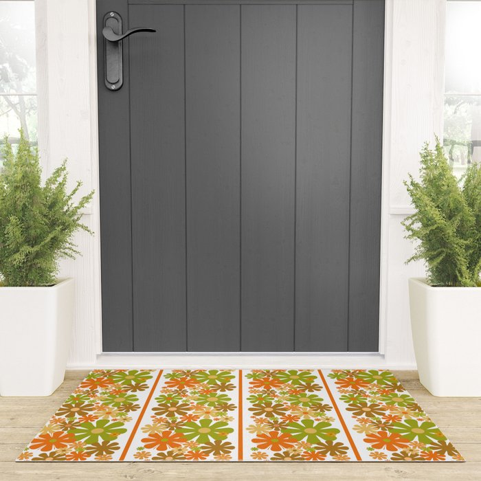 Retro Floral Stripe 60s 70s Aesthetic Pattern in Avocado Orange Brown Welcome Mat Gallery Image 3