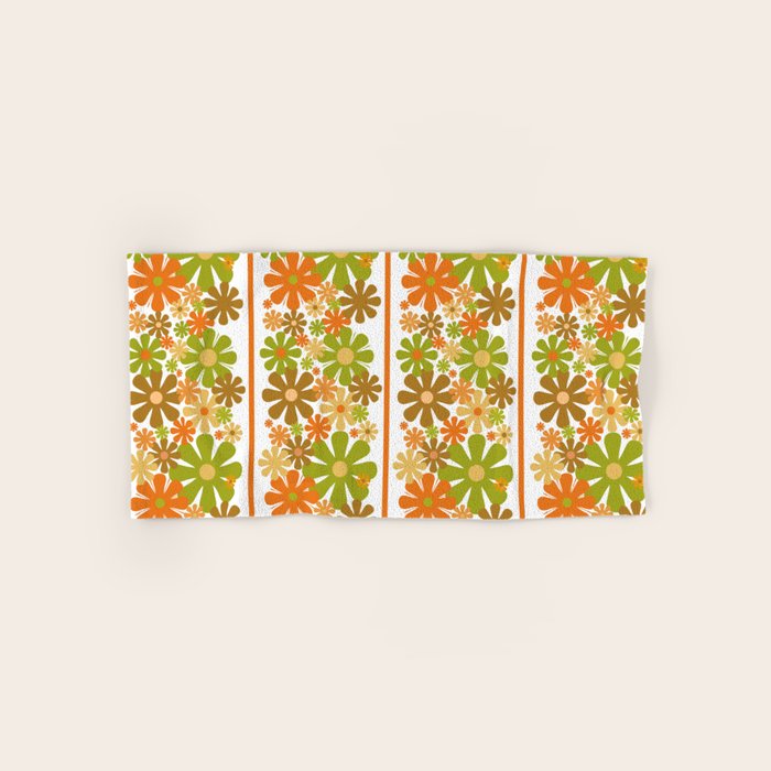Retro Floral Stripe 60s 70s Aesthetic Pattern in Avocado Orange Brown Bath Towel Gallery Image 1