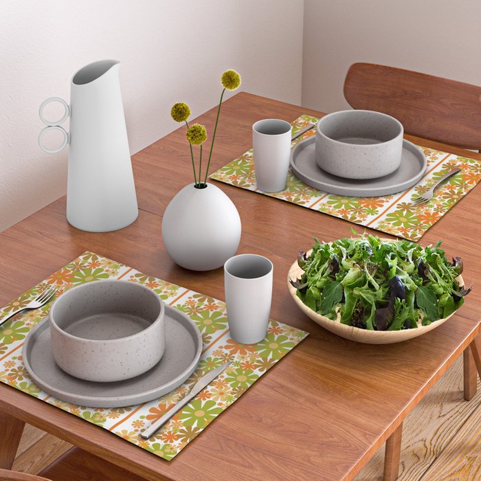 Retro Floral Stripe 60s 70s Aesthetic Pattern in Avocado Orange Brown Placemat Gallery Image 2
