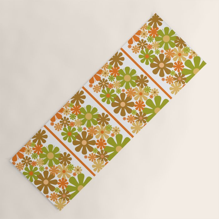 Retro Floral Stripe 60s 70s Aesthetic Pattern in Avocado Orange Brown Yoga Mat Gallery Image 1