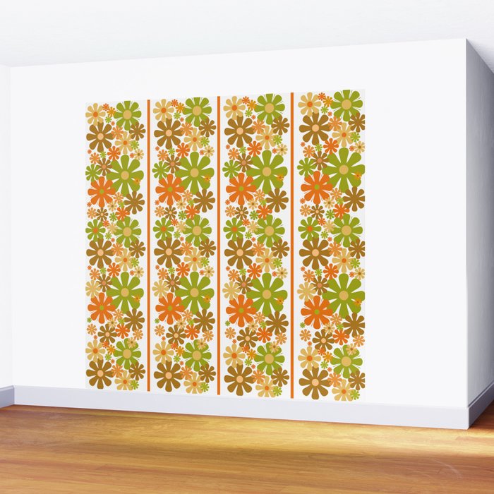 Retro Floral Stripe 60s 70s Aesthetic Pattern in Avocado Orange Brown Wall Mural Gallery Image 2