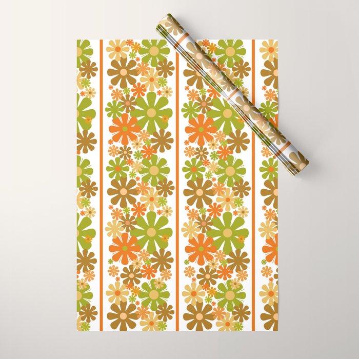 Retro Floral Stripe 60s 70s Aesthetic Pattern in Avocado Orange Brown Wrapping Paper Gallery Image 1