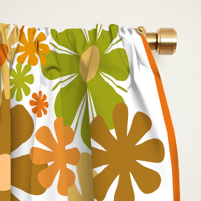 Retro Floral Stripe 60s 70s Aesthetic Pattern in Avocado Orange Brown Window Curtain Gallery Image 2