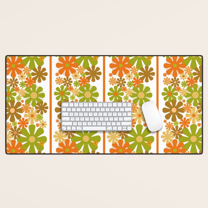 Retro Floral Stripe 60s 70s Aesthetic Pattern in Avocado Orange Brown Desk Mat Gallery Image 1