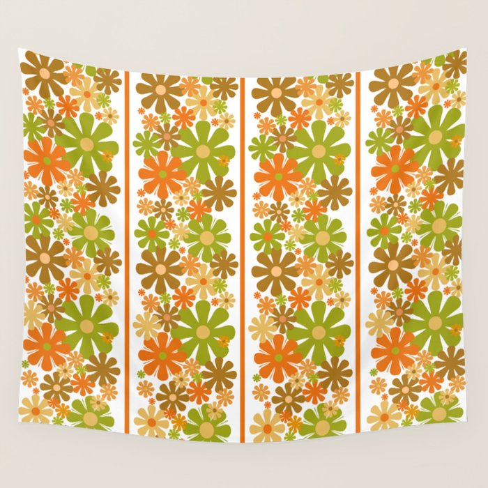 Retro Floral Stripe 60s 70s Aesthetic Pattern in Avocado Orange Brown Wall Tapestry Gallery Image 4
