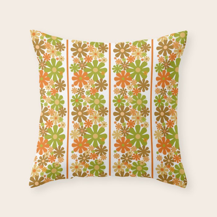 Retro Floral Stripe 60s 70s Aesthetic Pattern in Avocado Orange Brown Throw Pillow Gallery Image 1