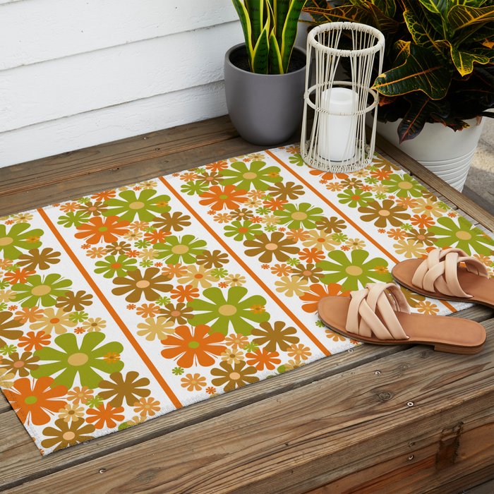 Retro Floral Stripe 60s 70s Aesthetic Pattern in Avocado Orange Brown Outdoor Rug Gallery Image 2