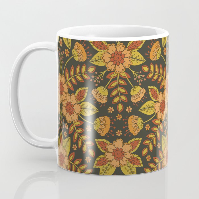 Orange, Peach, Olive Green & Dark Gray Floral Pattern Coffee Mug Gallery Image 3