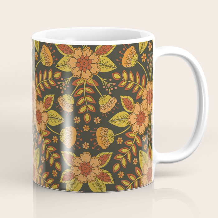 Orange, Peach, Olive Green & Dark Gray Floral Pattern Coffee Mug Gallery Image 1