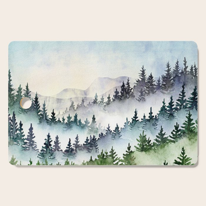 Misty Mountain Pines - Foggy Forest Watercolor Painting Cutting Board Gallery Image 1