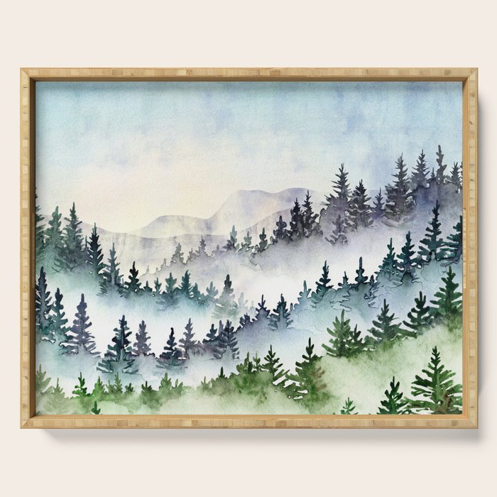 Misty Mountain Pines - Foggy Forest Watercolor Painting Serving Tray Gallery Image 1