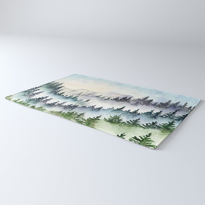 Misty Mountain Pines - Foggy Forest Watercolor Painting Rug Gallery Image 3