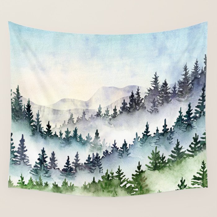 Misty Mountain Pines - Foggy Forest Watercolor Painting Wall Tapestry Gallery Image 4