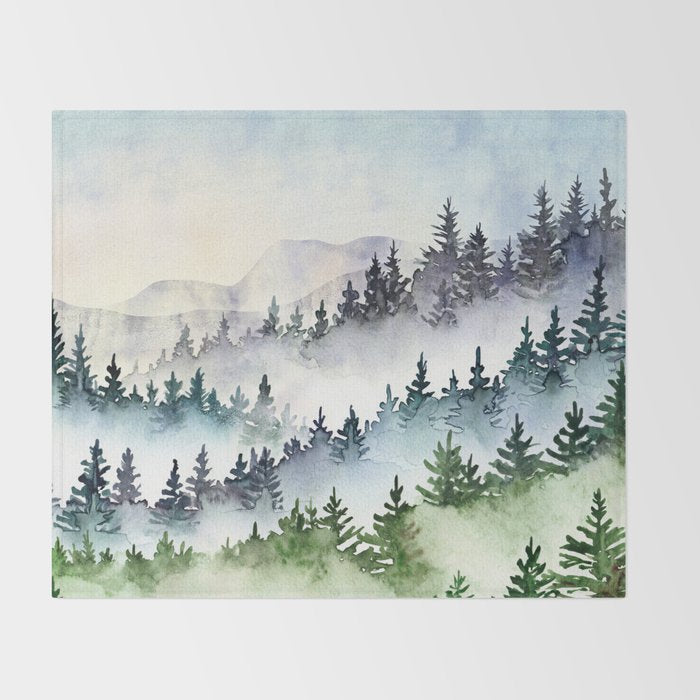 Misty Mountain Pines - Foggy Forest Watercolor Painting Throw Blanket Gallery Image 2