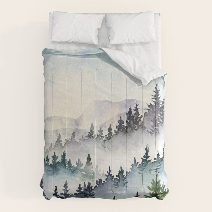 Misty Mountain Pines - Foggy Forest Watercolor Painting Comforter Gallery Image 6