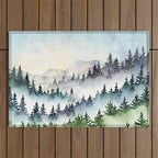 Misty Mountain Pines - Foggy Forest Watercolor Painting Outdoor Rug Gallery Image 1