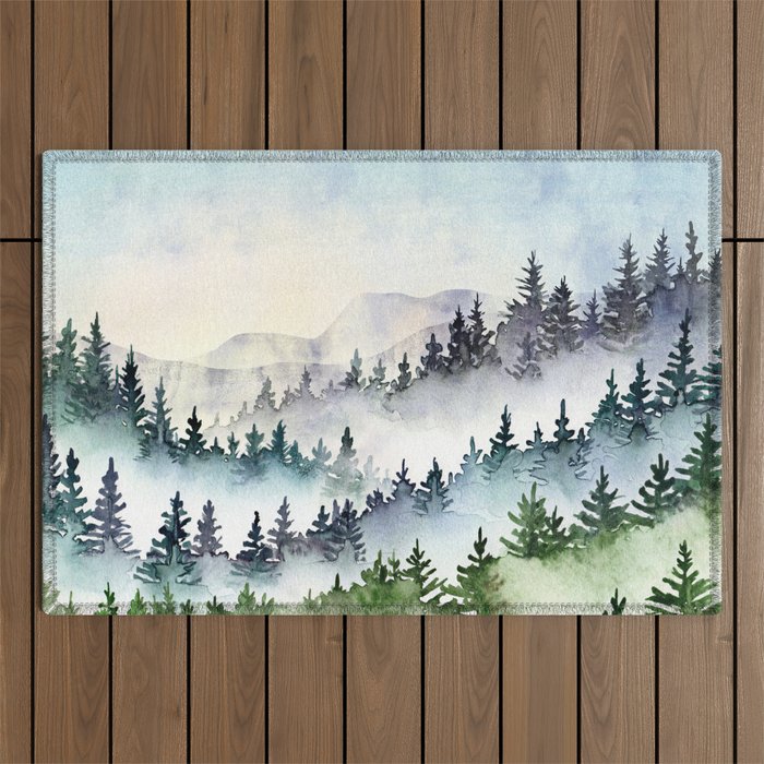 Misty Mountain Pines - Foggy Forest Watercolor Painting Outdoor Rug Gallery Image 1