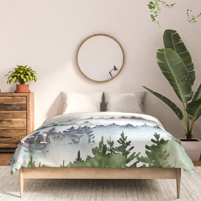 Misty Mountain Pines - Foggy Forest Watercolor Painting Comforter Gallery Image 3