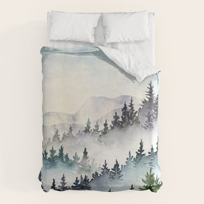 Misty Mountain Pines - Foggy Forest Watercolor Painting Duvet Cover