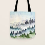 Misty Mountain Pines - Foggy Forest Watercolor Painting Tote Bag Gallery Image 1