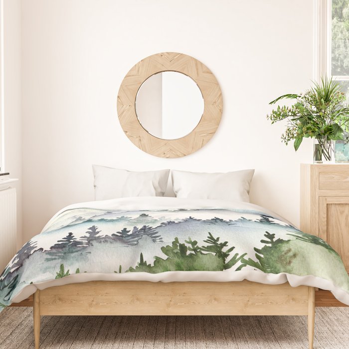 Misty Mountain Pines - Foggy Forest Watercolor Painting Duvet Cover Gallery Image 3