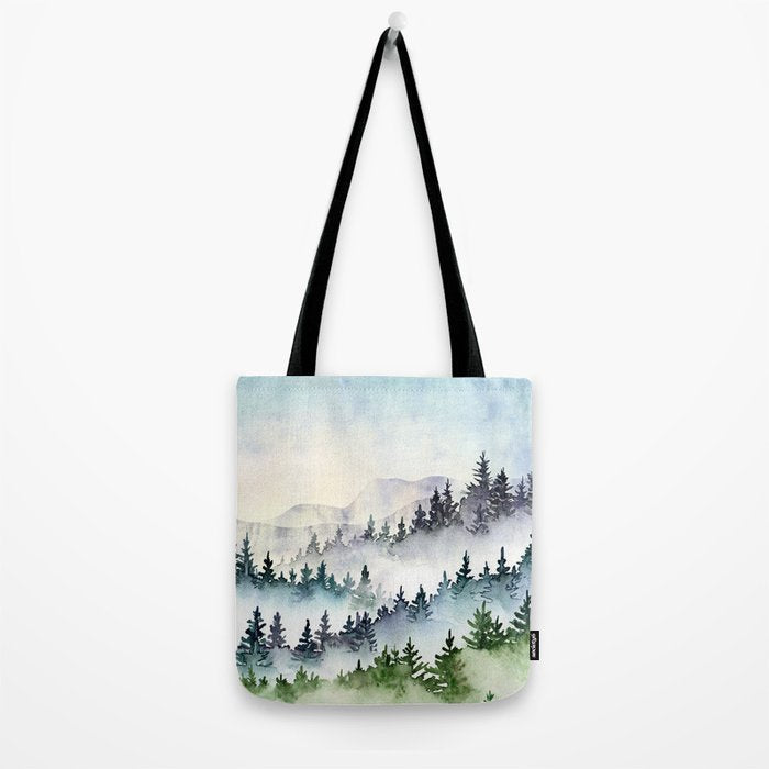 Misty Mountain Pines - Foggy Forest Watercolor Painting Tote Bag Gallery Image 2