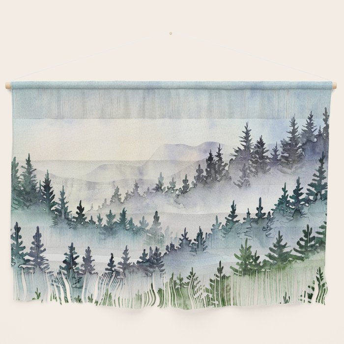 Misty Mountain Pines - Foggy Forest Watercolor Painting Wall Hanging Gallery Image 1