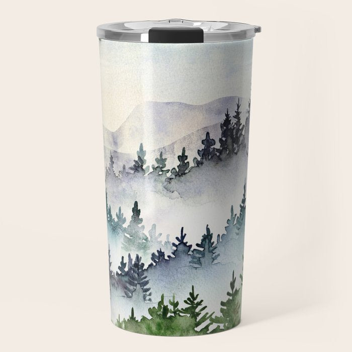 Misty Mountain Pines - Foggy Forest Watercolor Painting Travel Mug Gallery Image 1