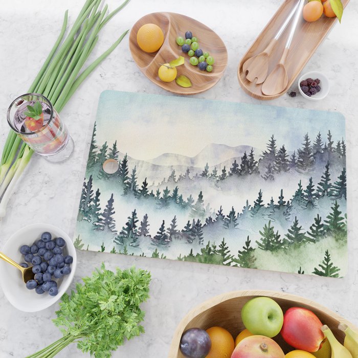 Misty Mountain Pines - Foggy Forest Watercolor Painting Cutting Board Gallery Image 2