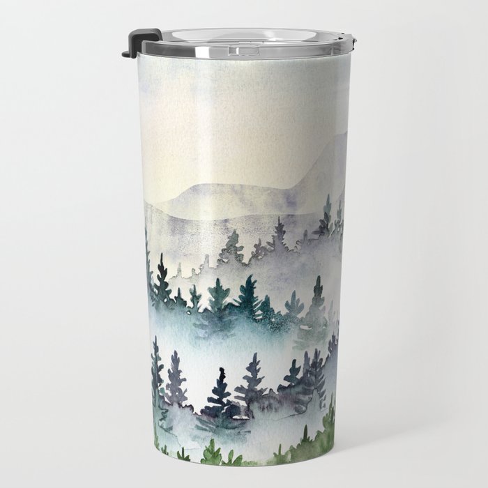 Misty Mountain Pines - Foggy Forest Watercolor Painting Travel Mug Gallery Image 3
