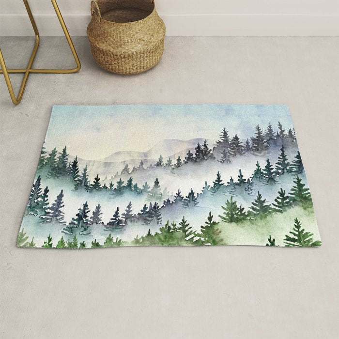 Misty Mountain Pines - Foggy Forest Watercolor Painting Rug Gallery Image 1