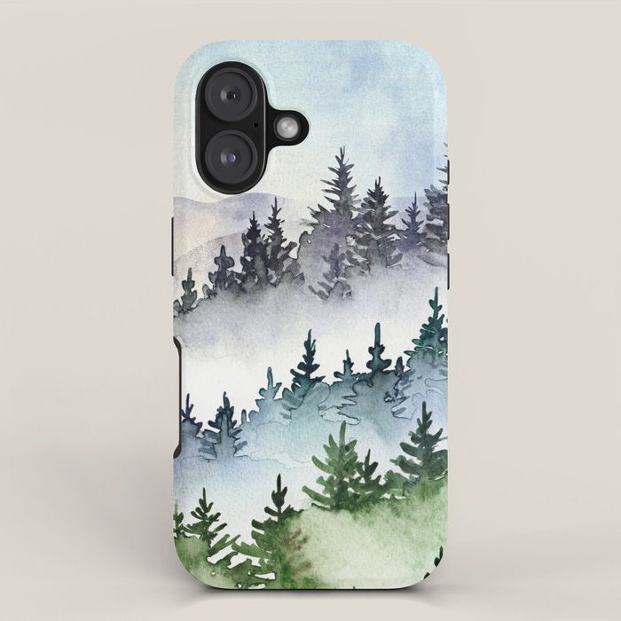 Misty Mountain Pines - Foggy Forest Watercolor Painting iPhone Case Gallery Image 1