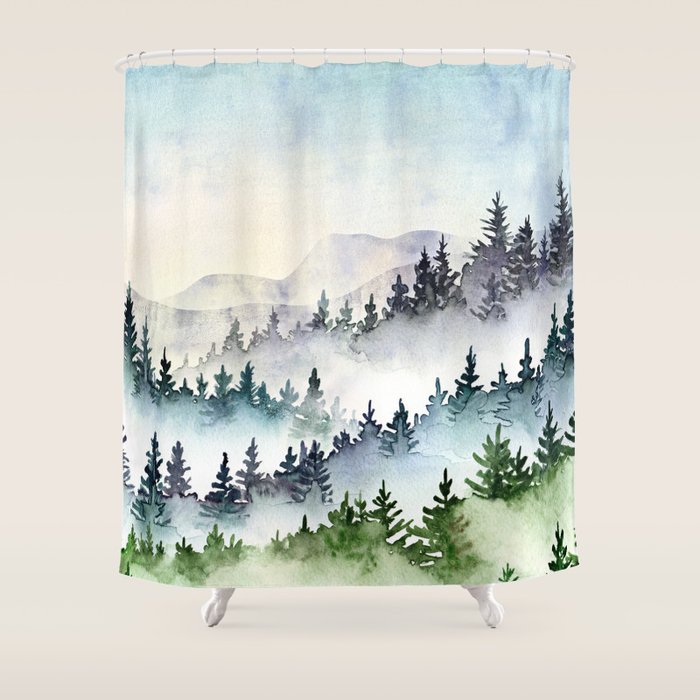 Misty Mountain Pines - Foggy Forest Watercolor Painting Shower Curtain Gallery Image 1