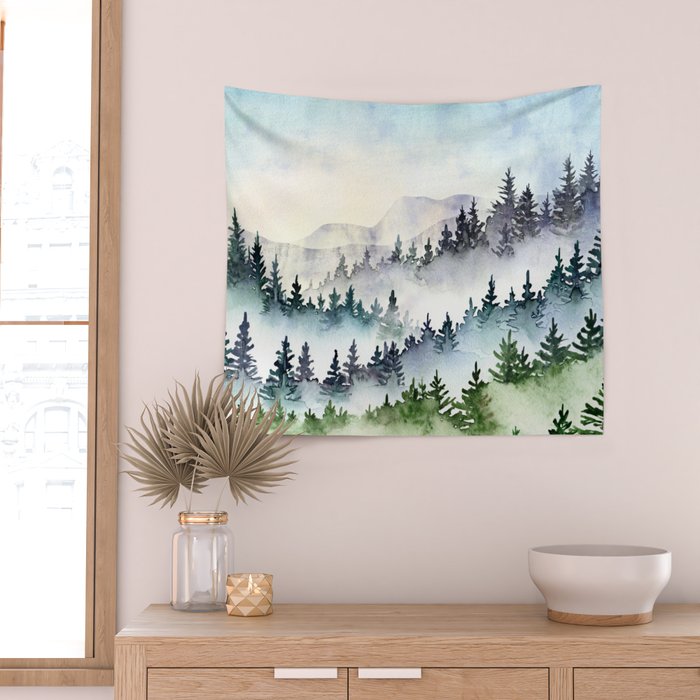 Misty Mountain Pines - Foggy Forest Watercolor Painting Wall Tapestry Gallery Image 2