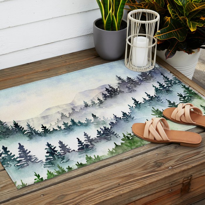 Misty Mountain Pines - Foggy Forest Watercolor Painting Outdoor Rug Gallery Image 2
