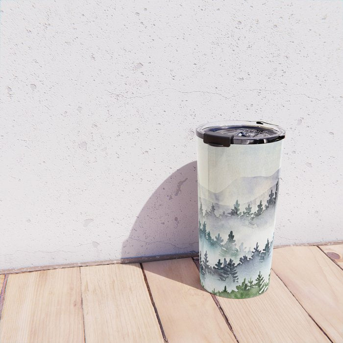 Misty Mountain Pines - Foggy Forest Watercolor Painting Travel Mug Gallery Image 4
