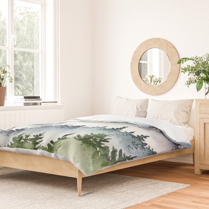 Misty Mountain Pines - Foggy Forest Watercolor Painting Duvet Cover Gallery Image 2