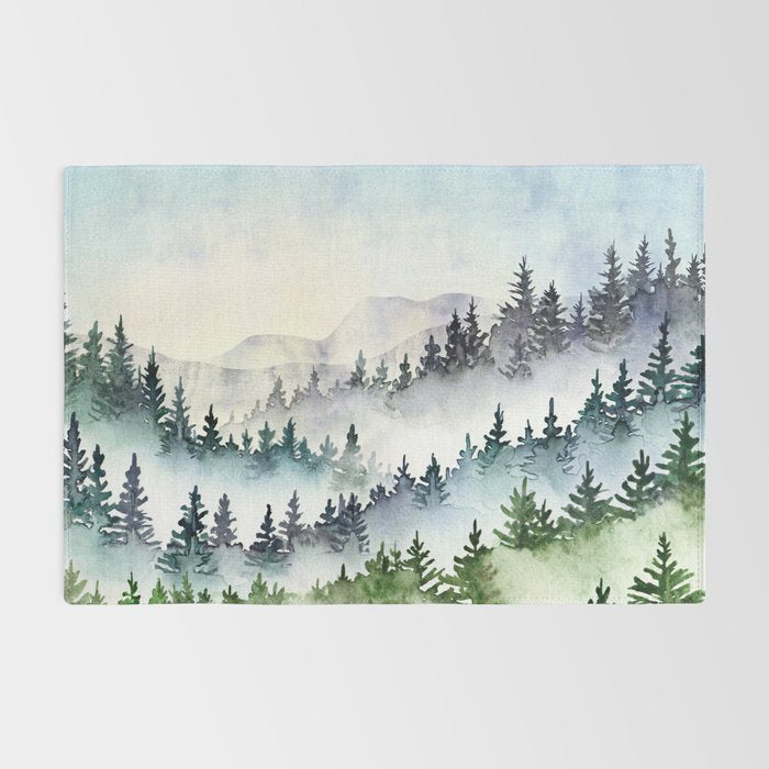 Misty Mountain Pines - Foggy Forest Watercolor Painting Rug Gallery Image 2