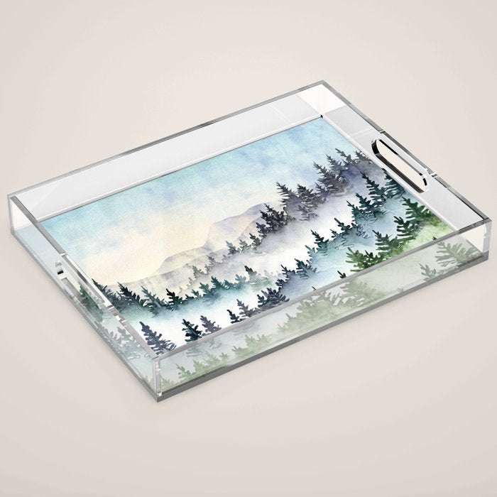 Misty Mountain Pines - Foggy Forest Watercolor Painting Acrylic Tray Gallery Image 1