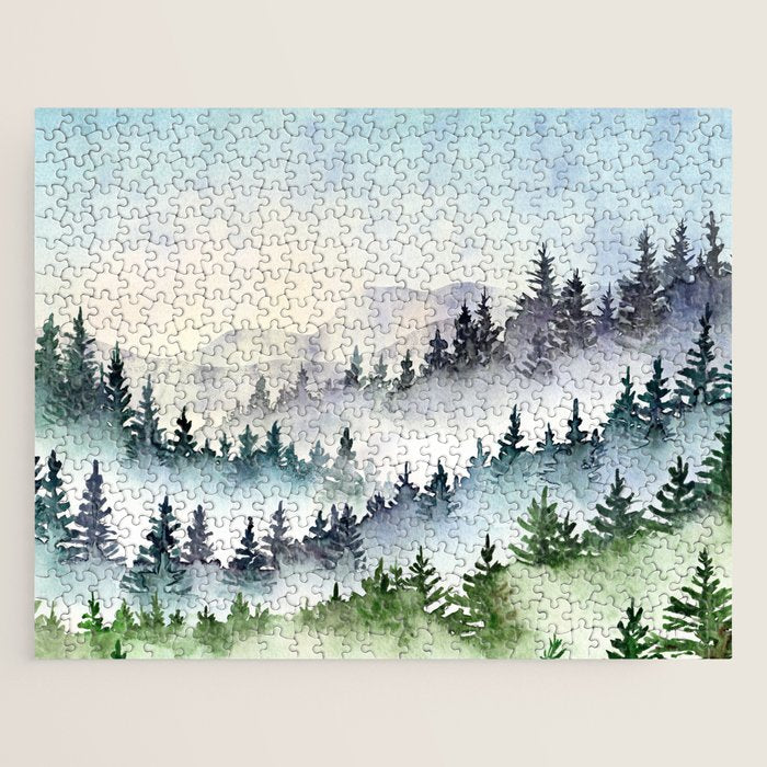 Misty Mountain Pines - Foggy Forest Watercolor Painting Jigsaw Puzzle Gallery Image 1