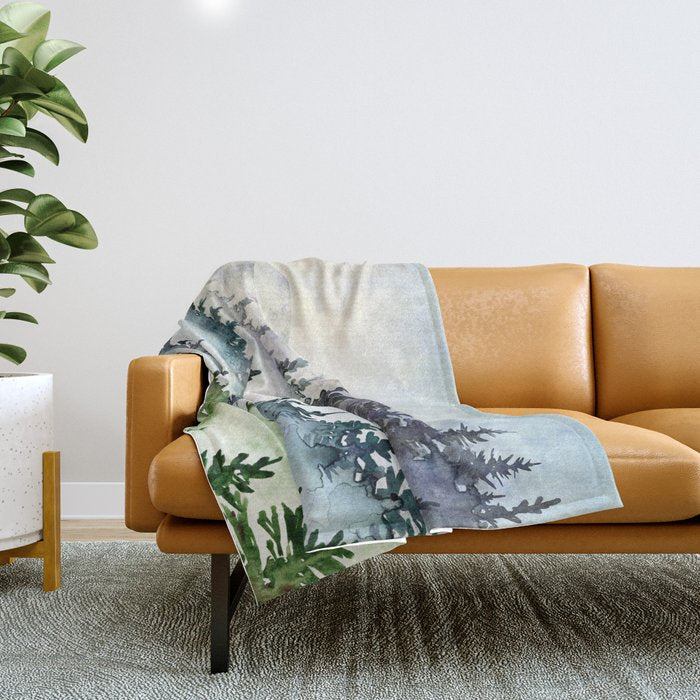 Misty Mountain Pines - Foggy Forest Watercolor Painting Throw Blanket Gallery Image 1