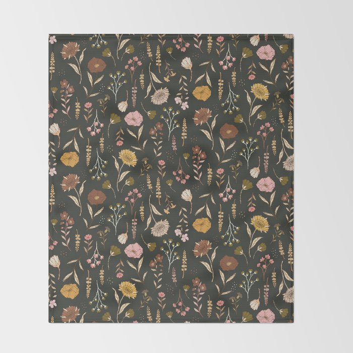 Spring Garden Flower Collection - Charcoal Black Throw Blanket Gallery Image 2